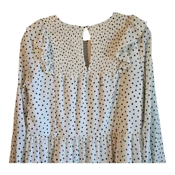 MADEWELL Women S Shift Dress Polka Dot Cream White & Black Smocked Ruffles Midi - Picture 8 of 10